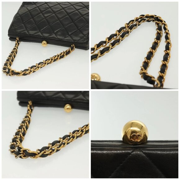 CHANEL Matelasse Chain Shoulder Bag Lamb Skin Black Gold CC Auth 139414
